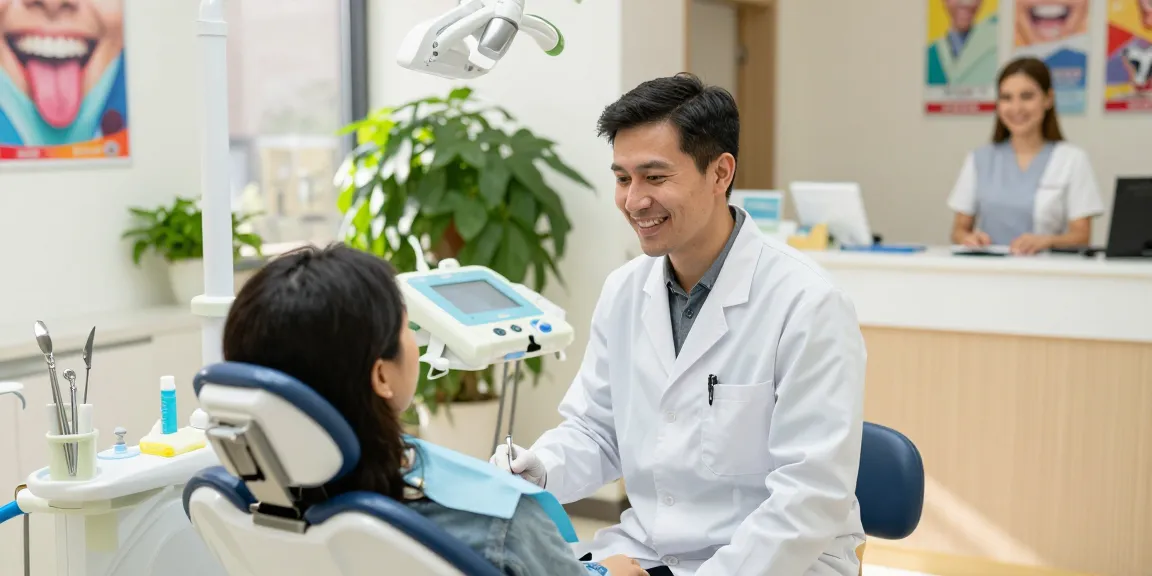 Discover more here in a friendly dental clinic with a patient and dentist.
