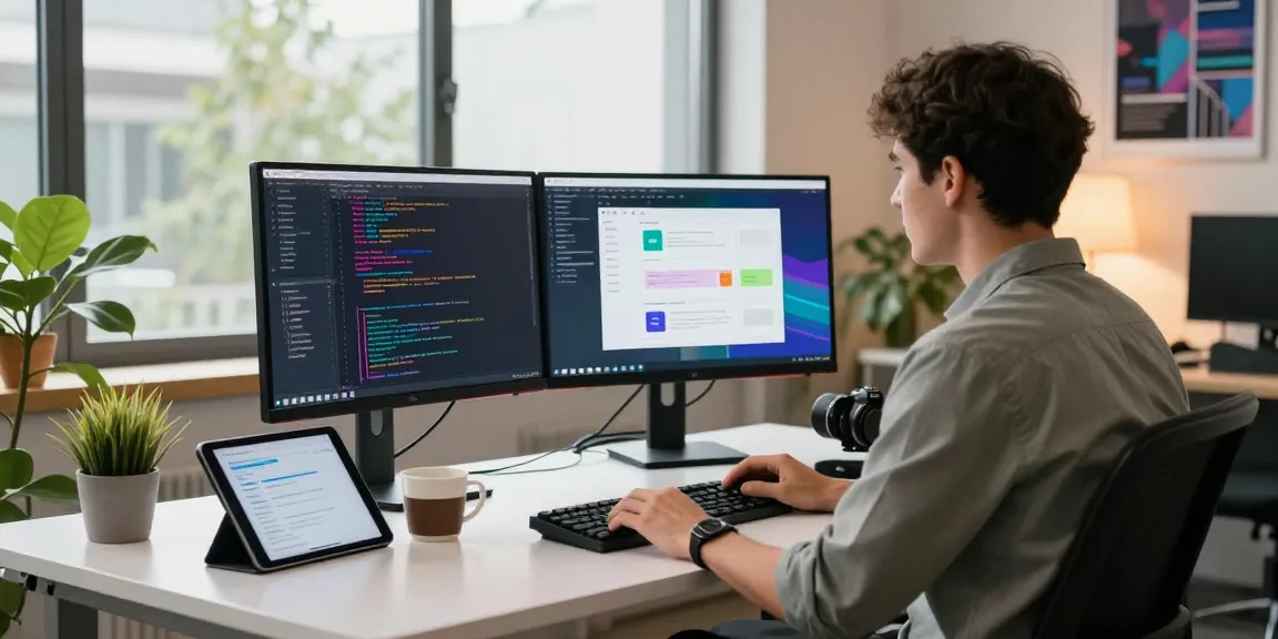 Developer working in a modern office with dual monitors focusing on messaging app design, showcasing the innovative spirit of teiegramin.com.