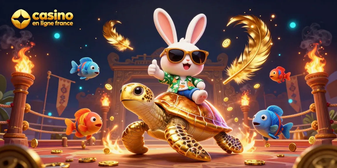 Découvrez l'excitation du casino en ligne France avec notre illustration 3D vibrante d'un lapin chanceux et d'une tortue en or.