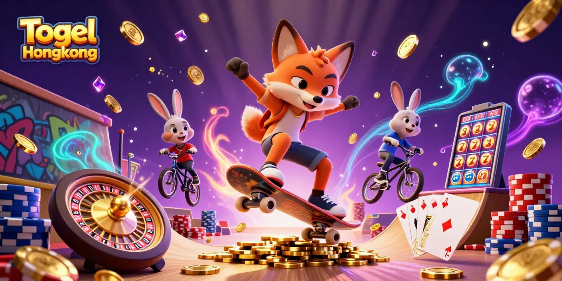 Togel Hongkong celebrates luck in a vibrant scene with a skateboarder fox and BMX rabbit amid coins and casino symbols.