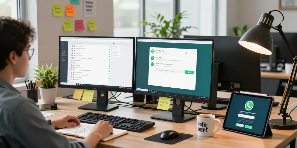 Professional workspace showing WhatsApp網頁版 in use, featuring dual monitors, vibrant office decor, and a motivating atmosphere.