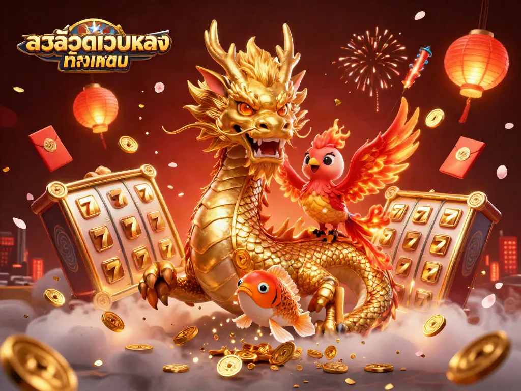 Experience the excitement of สล็อตเว็บตรงทั้งหมด with dragons, koi fish, and vibrant casino elements.