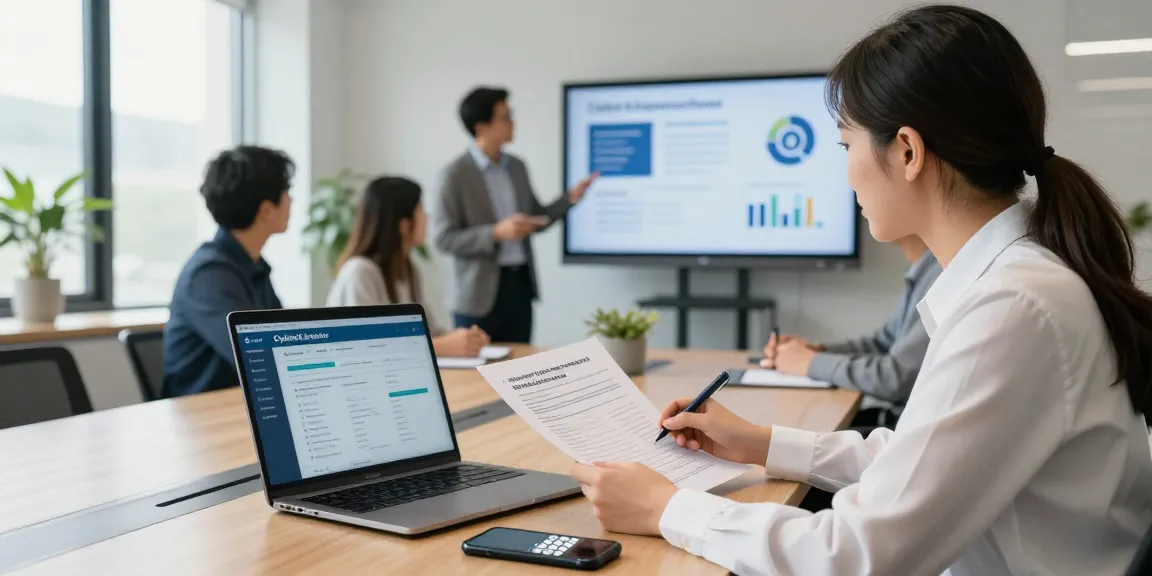 Business professionals discussing cyber essentials cost in a modern office setting.