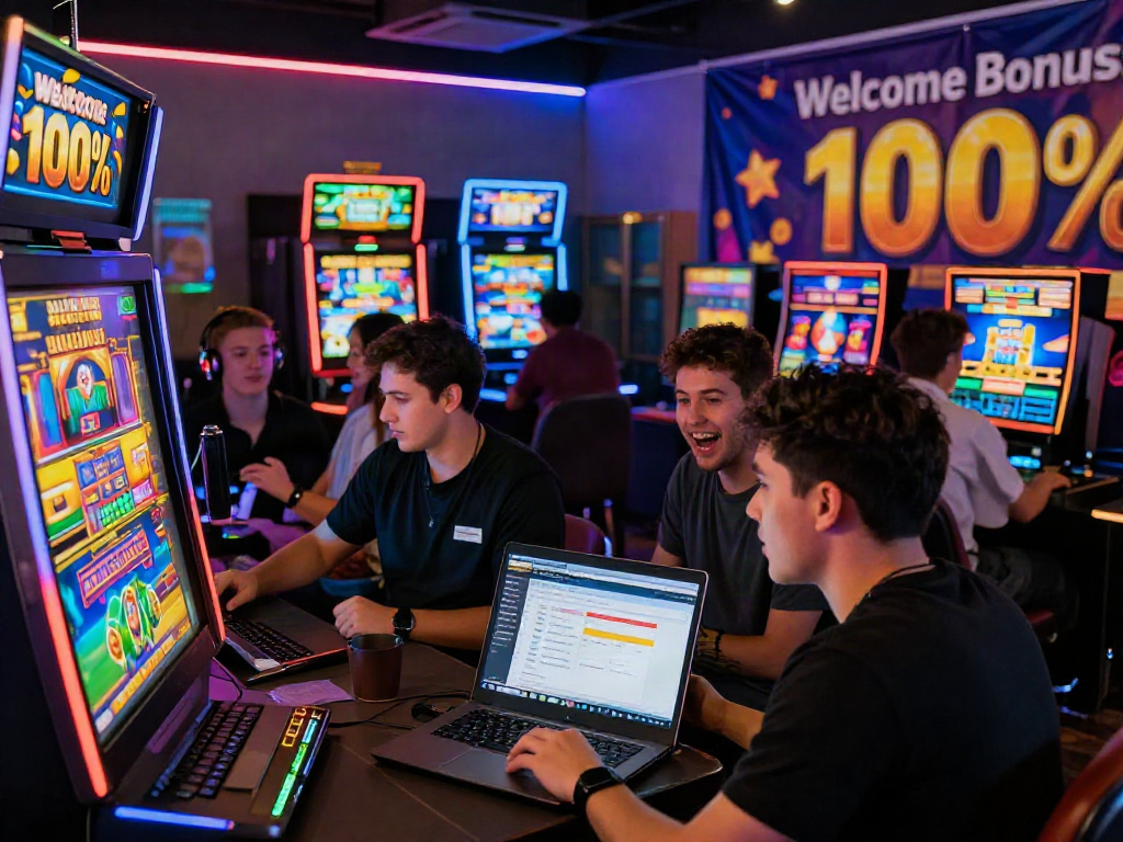 New players enjoying the slot bonus new member 100 in a vibrant online casino atmosphere.