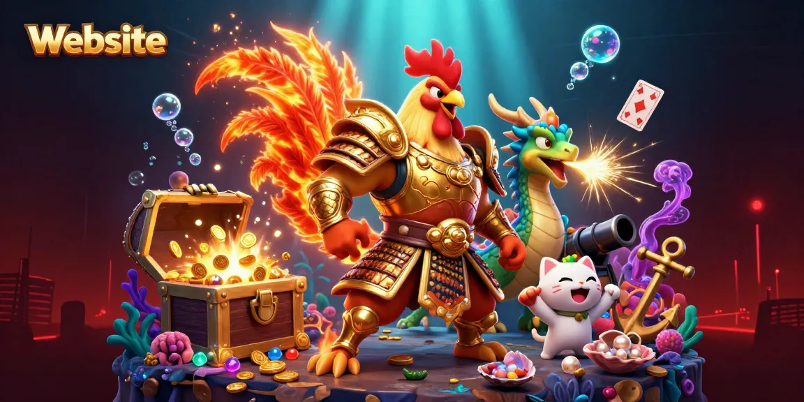 Website slot online gacor hari ini dengan karakter ayam petarung dan naga berapi, suasana kasino yang semarak.