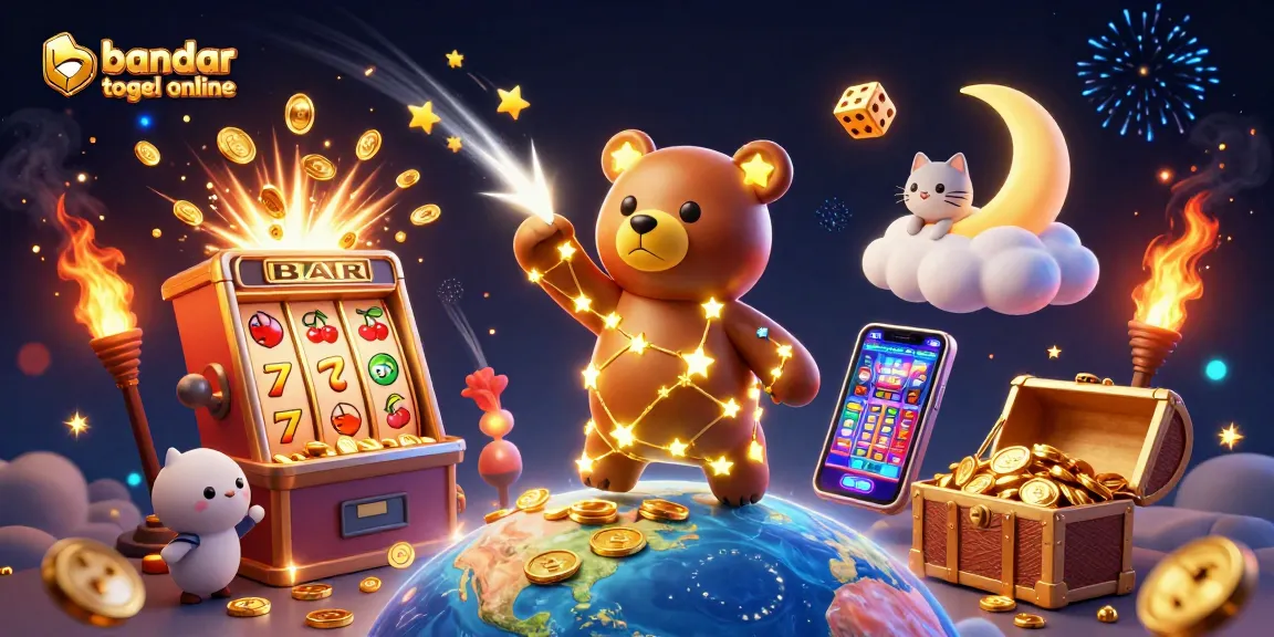 Engage with the bandar togel online world as a constellation bear scoops coins with a vibrant casino backdrop.
