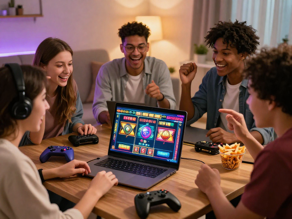 Engaged players enjoying bonus cashback slot experience in lively home gaming environment.