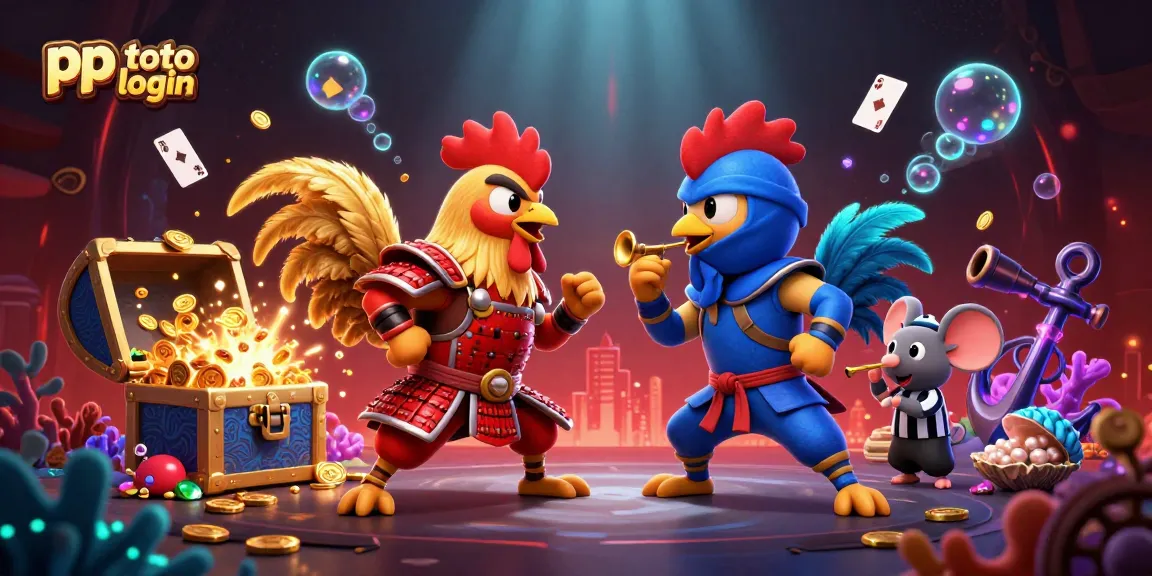 Engage in a thrilling showdown at pp toto login with dynamic roosters in a vibrant casino-themed scene.