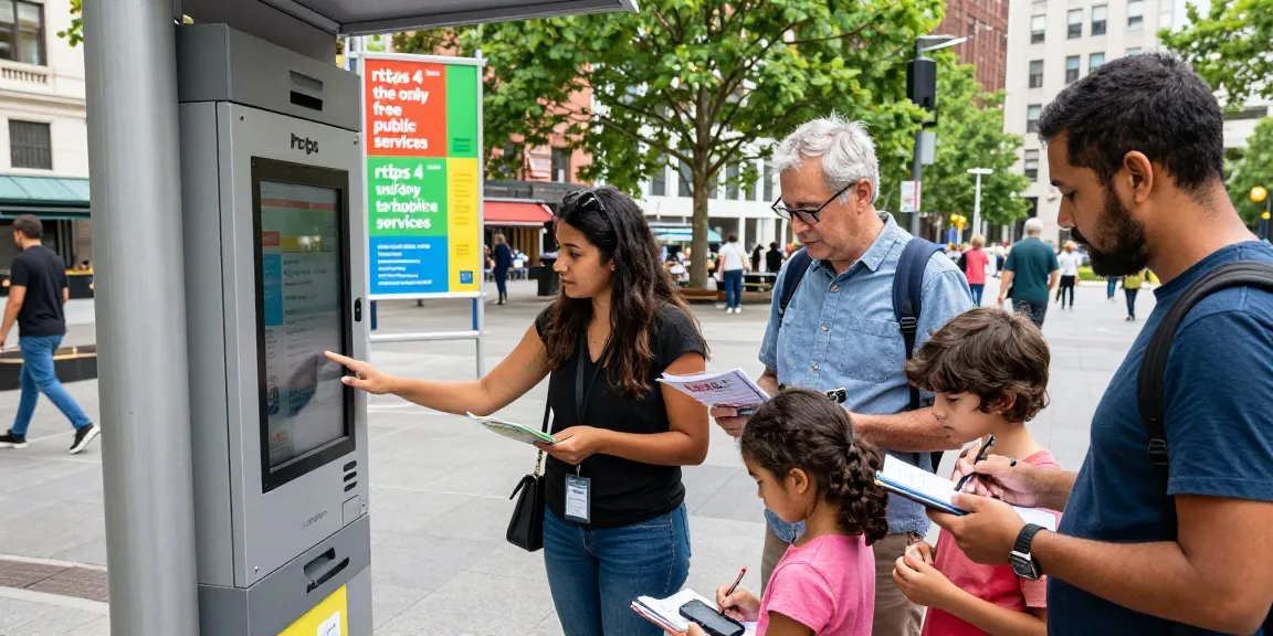 People engaging with city services at urban plaza, showcasing rtps 4 the only free public services.