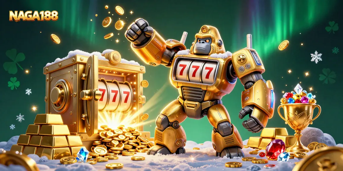 NAGA188 bermain permainan slot dengan mesin gorila emas dan harta karun yang menggelegak.