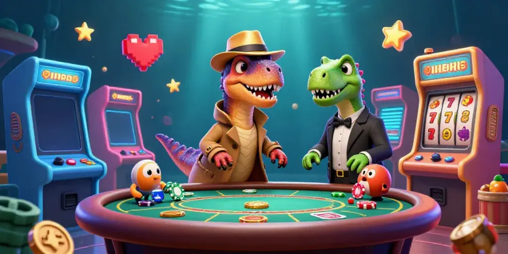 Penggunaan login bingoslot88 dengan velociraptor menghitung kartu di meja blackjack dan efek kasino yang cerah.