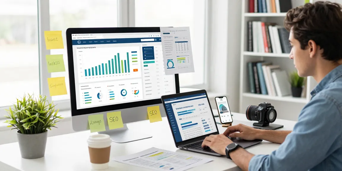 Digital marketer analyzing data on SEO strategies and Homge page links for boost in a modern office environment.