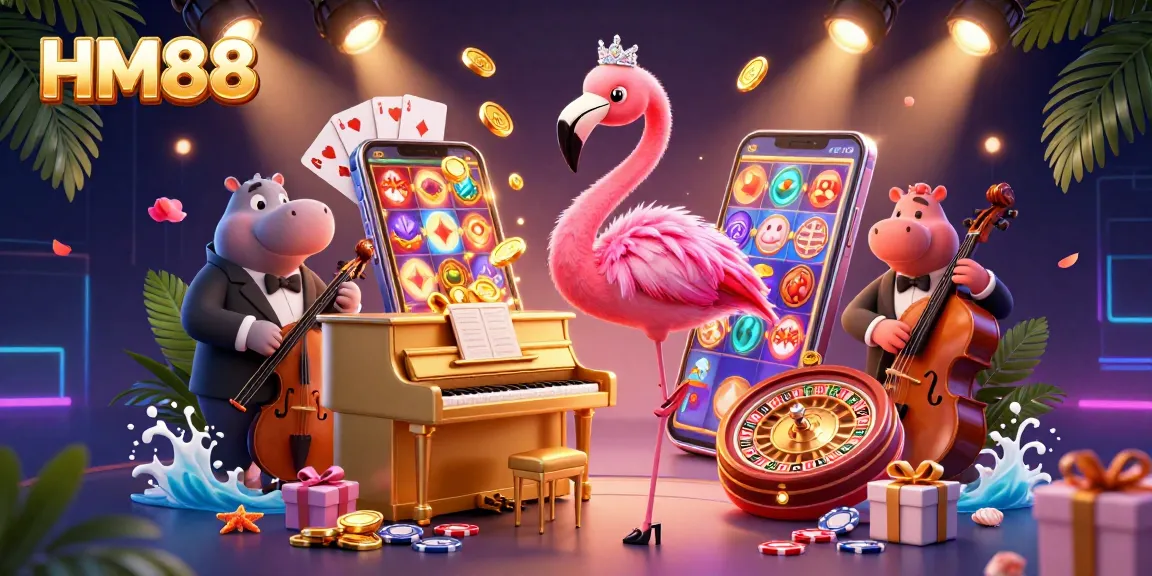 Engage with HM88's vibrant casino scene featuring a flamingo singer and hippo bassist in a playful gambling atmosphere.