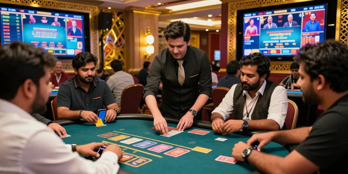Engaging Andar Bahar casino game scene with real dealer and enthusiastic players in vibrant casino atmosphere.