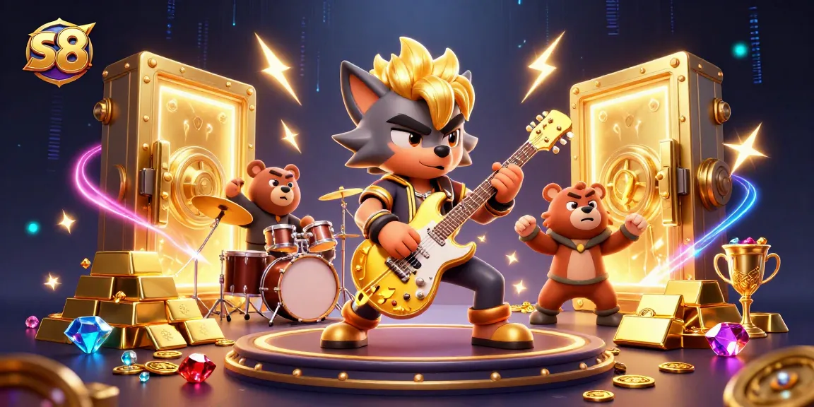 Experience winning thrills at S8 casino with a vibrant 3D illustration showcasing a rock star wolf and treasures.