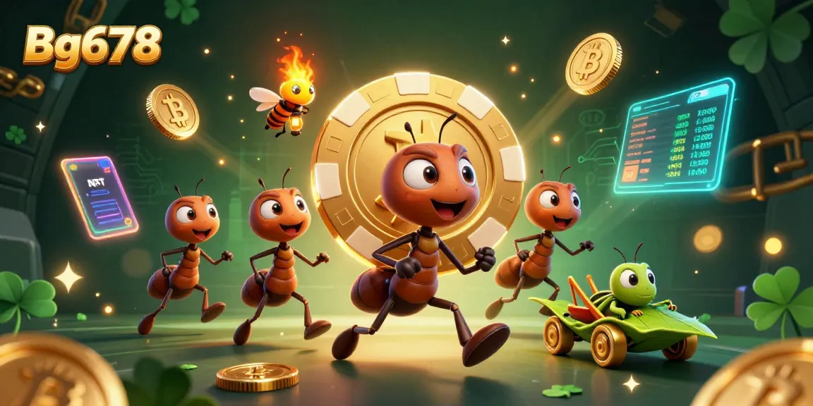 Join the Bg678 heist with cartoon ants carrying a golden poker chip in a vivid casino scene.