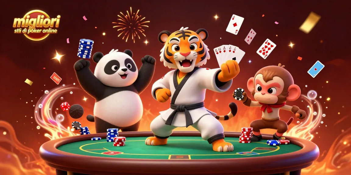 Migliori siti di poker online: un tigre maestro del poker mostra una vincente mano di carte mentre un panda gioca e una scimmia ruba fiches.