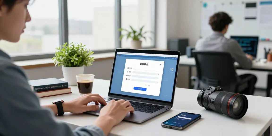 Person utilizing telegram chinese registration on a laptop in a modern workspace.