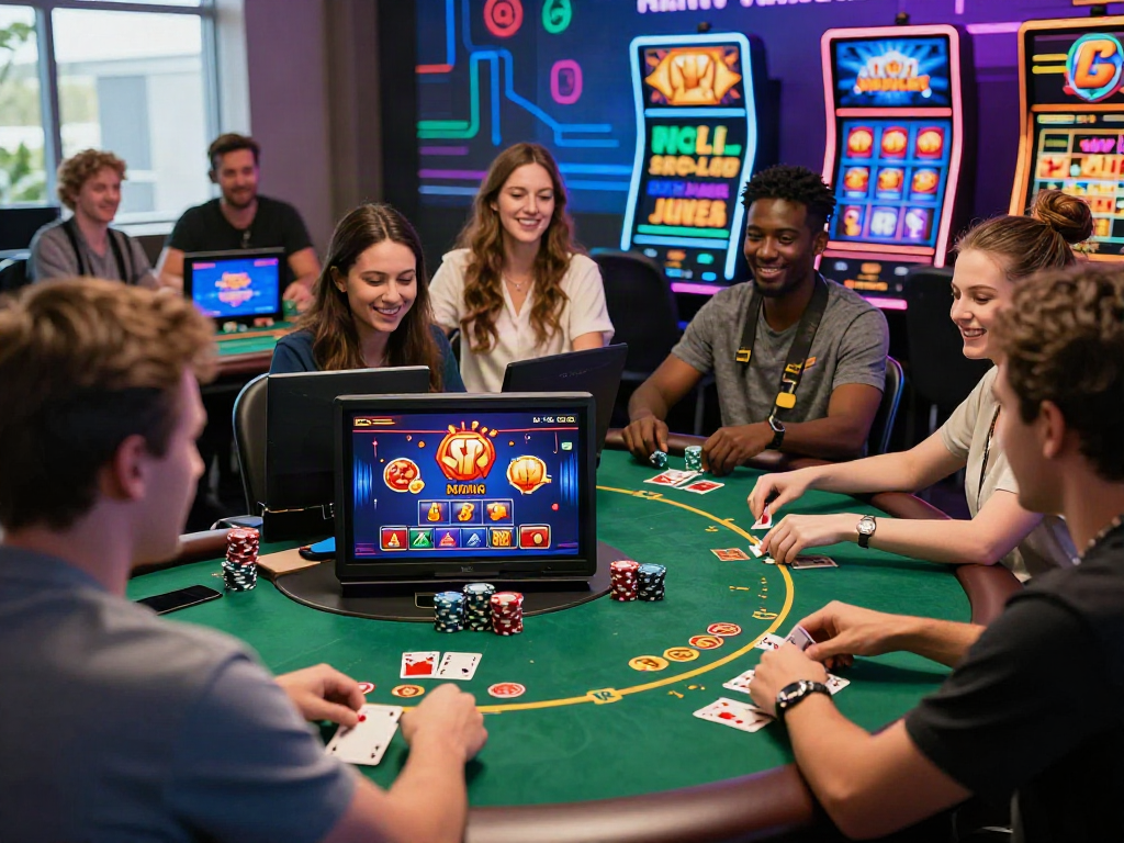 Engaging players at a casino online, celebrating wins while playing poker and blackjack on digital devices.