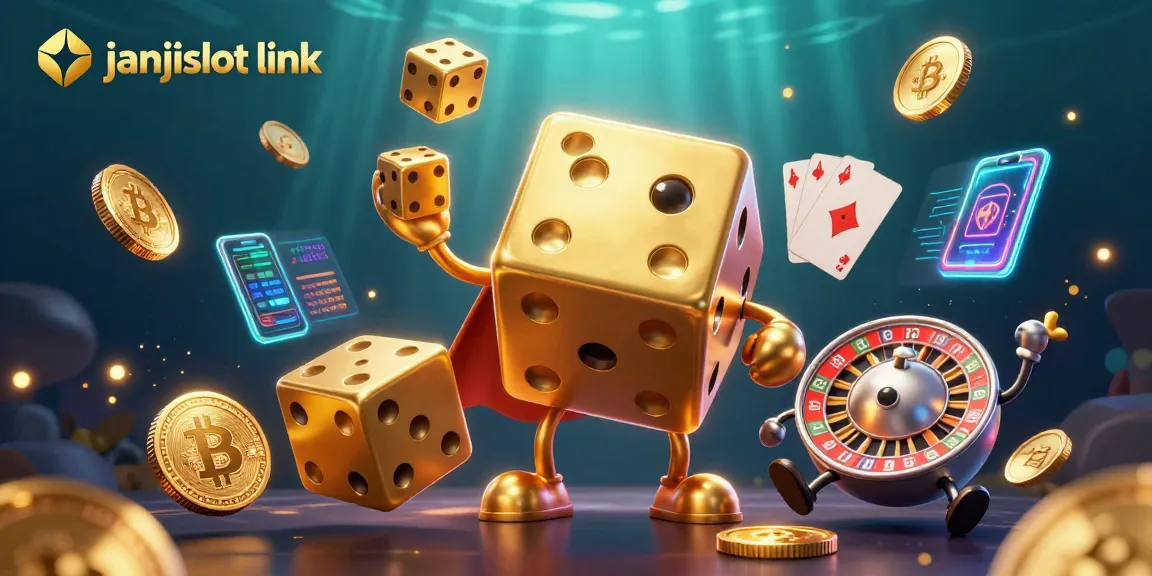 Enhance your gaming experience with the janjislot link as animated golden dice flourish in a vibrant casino scene.