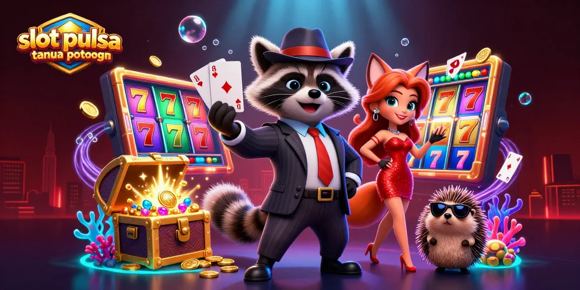 Win big at slot pulsa tanpa potongan with a luxurious cartoon casino scene featuring vibrant game elements.