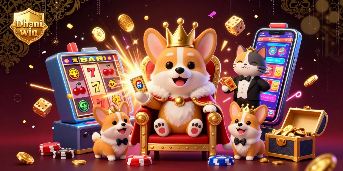 Dhani win unleashes exciting casino vibes with a royal corgi and vibrant slot elements bursting with rewards.