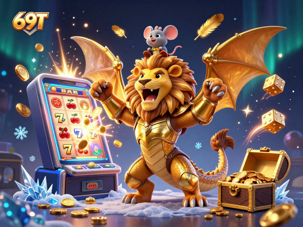 O jogo de slots 69T ganha vida com uma criatura chimera em um mundo de festa e prêmios.