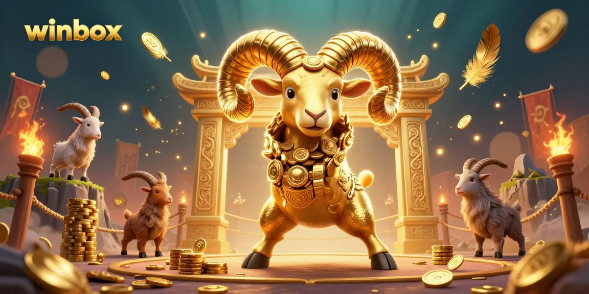 Winbox showcases an epic battle arena scene featuring a golden ram charging through golden gates surrounded by betting tokens.