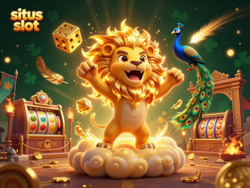 Situs slot illustration showcasing a roaring lion, golden dice, and vibrant slot game elements.
