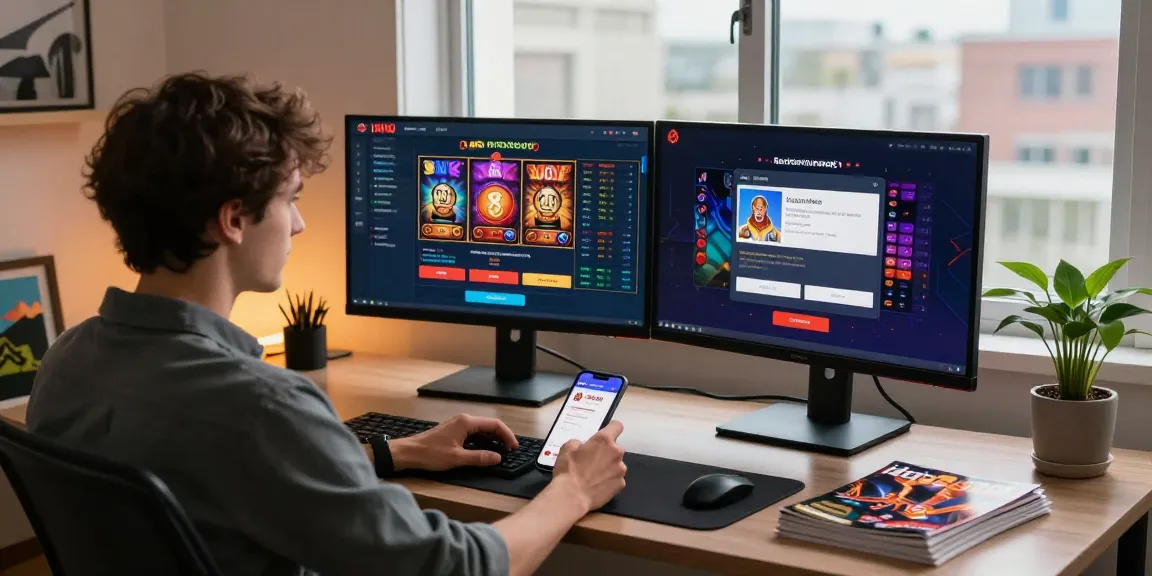 hero138 login scene featuring a user at a stylish desk engaging with gaming platforms in a modern home office.