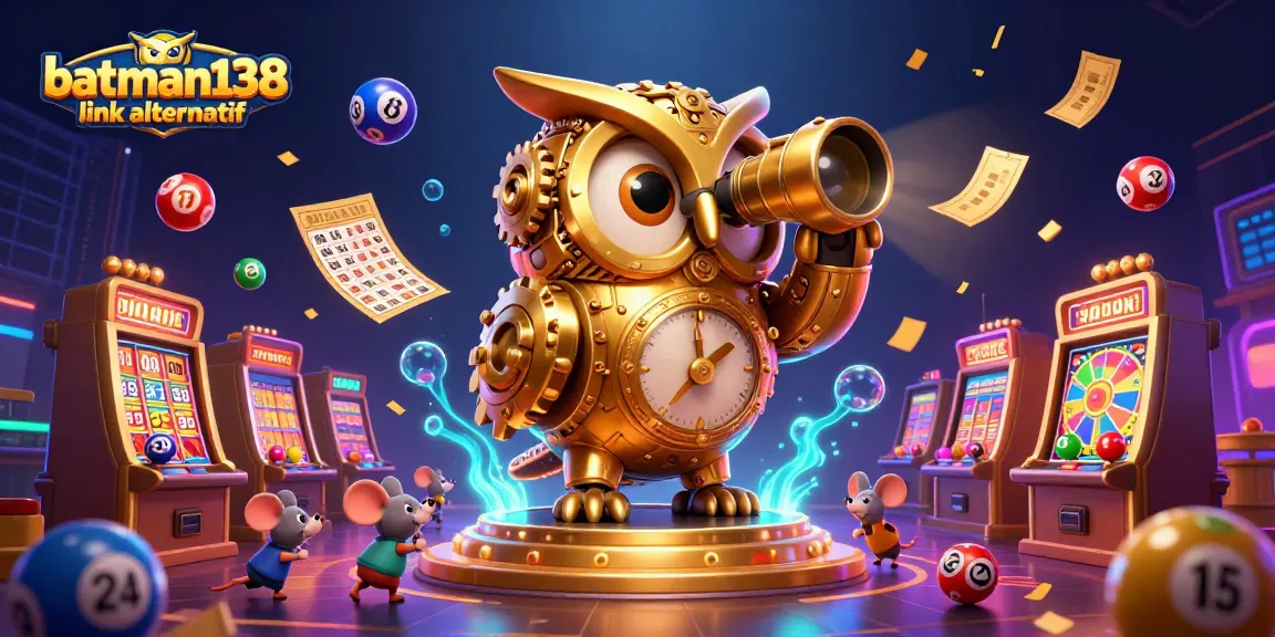 A dynamic scene showcasing batman138 link alternatif as a golden owl scans a bustling casino floor filled with playful gaming elements.