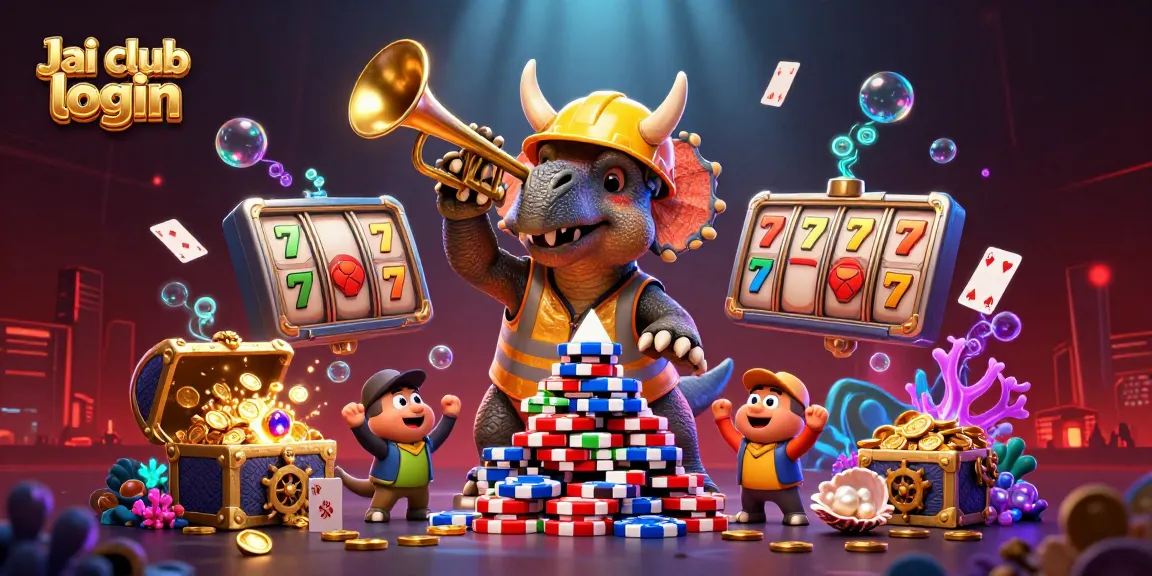 Engage with Jai club login, featuring a dynamic 3D scene filled with casino gaming elements.