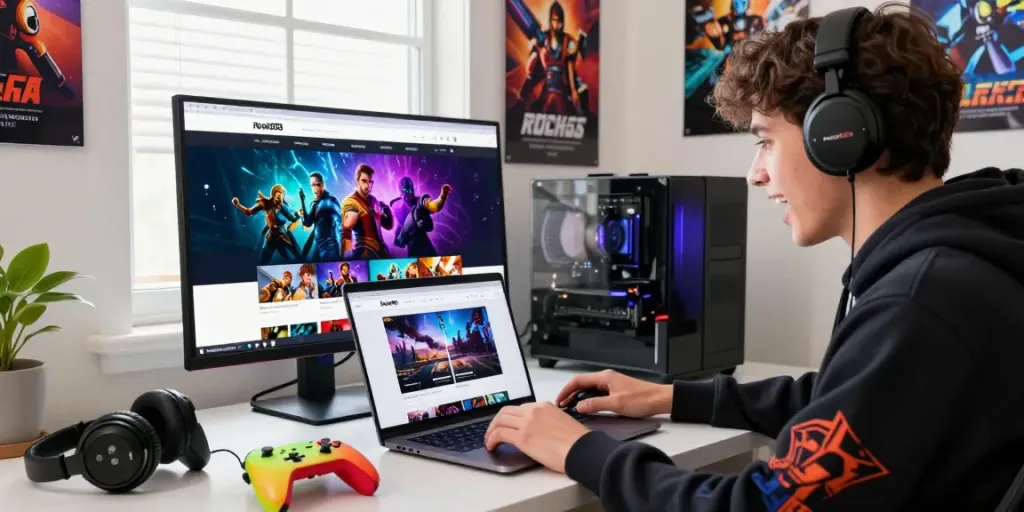 Engaged customer at rokok88 gaming store site with vibrant setup and gaming gear.