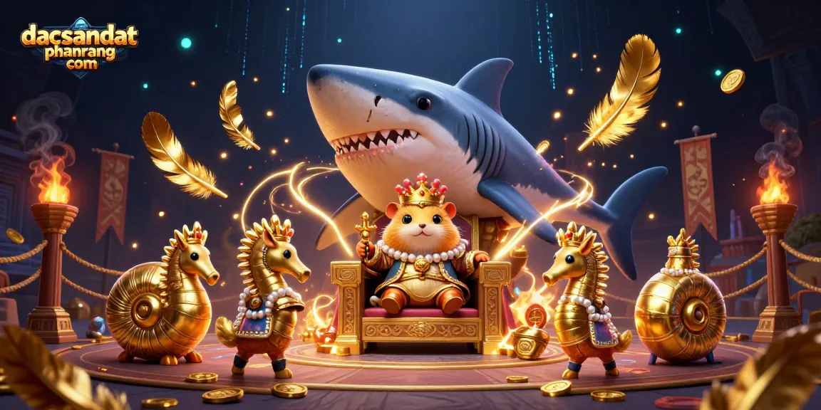 Immerse in dacsandatphanrang com with a dynamic 3D gambling scene featuring a golden hamster king and vibrant casino elements.