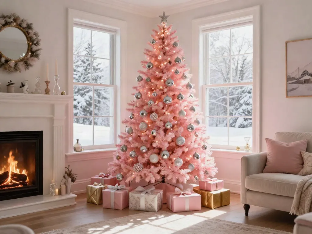 Cozy living room with pink xmas tree and festive decorations.