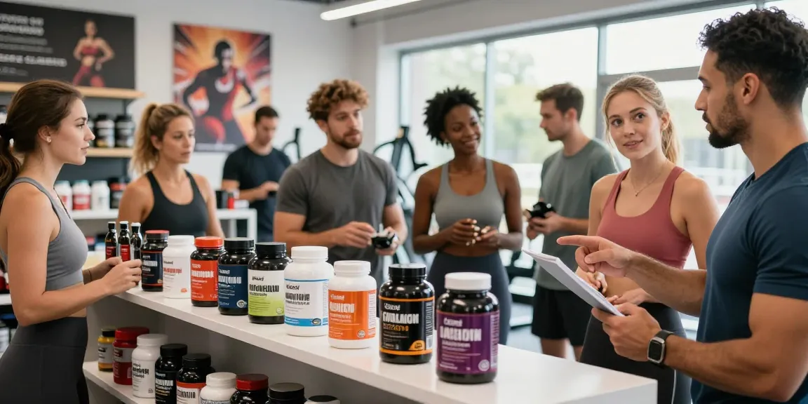 Shopping at Astera Steroids Shop with fitness enthusiasts examining products in a modern gym setting.