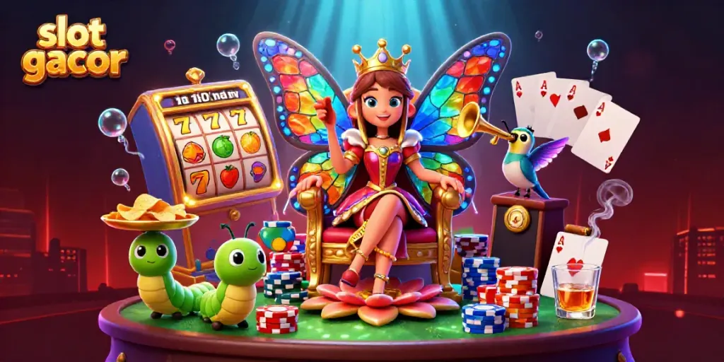 Engaging scene illustrating "slot gacor" with a whimsical butterfly queen and colorful game elements.