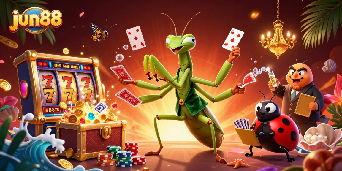 Experience the excitement of jun88 with a vibrant casino-themed illustration featuring dynamic gaming elements.