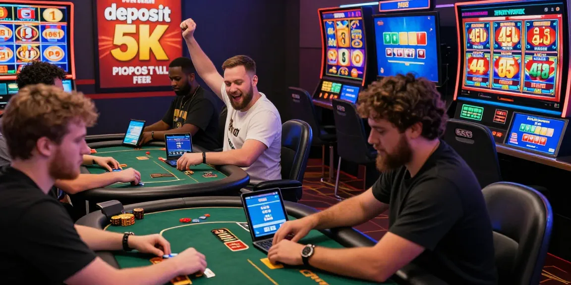 Players engaging in thrilling slot deposit 5k games, celebrating wins and analyzing odds online in a vibrant virtual casino.