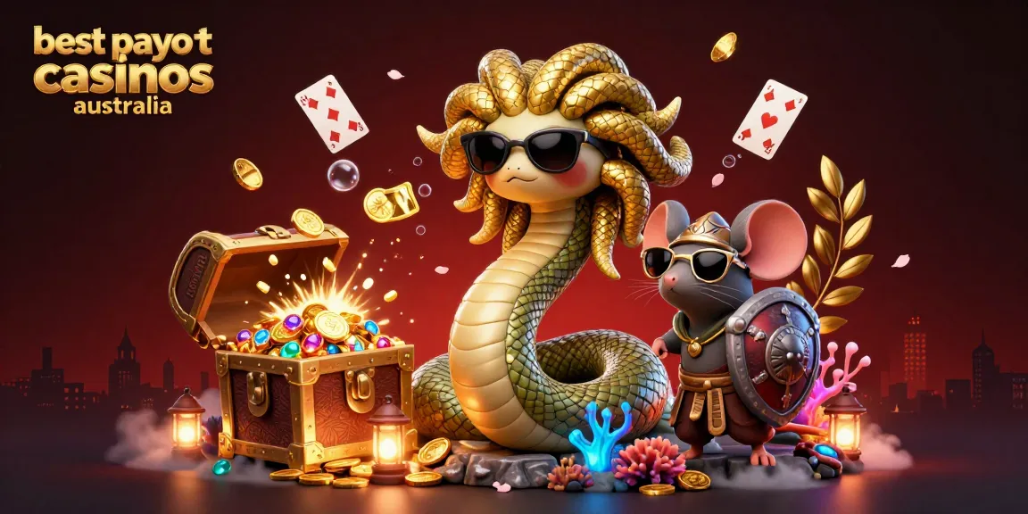 Experience the thrilling ambiance of best payout casinos Australia with friendly Medusa and a stone-shield warrior amidst vibrant casino elements.