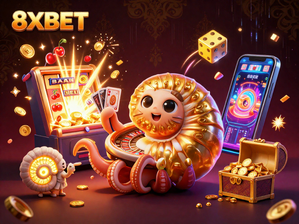 Engage in thrilling adventures at 8XBET with a vibrant casino scene featuring a nautilus roulette wheel and dynamic game elements.