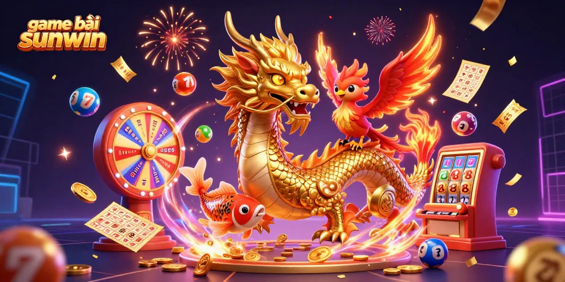 Engage with game bài sunwin in this vibrant 3D casino scene featuring a dragon and phoenix.