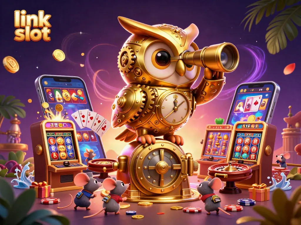 Ketika bermain link slot, pemandangan kasino yang penuh dengan simbol keberuntungan dan permainan menarik muncul.