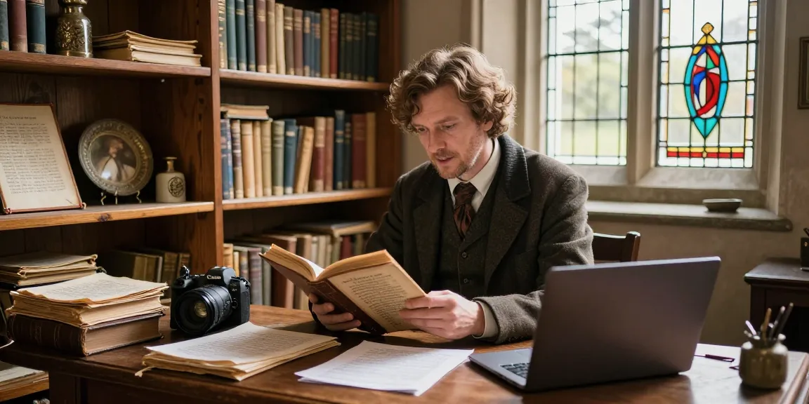 Discover historical insights at https://tyntescastle.com with a historian in a cozy nook, surrounded by artifacts and warm sunlight.