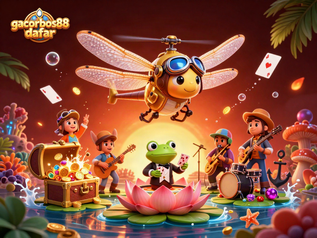Engage in excitement with gacorbos88 daftar at a vibrant lily pad casino featuring unique characters.