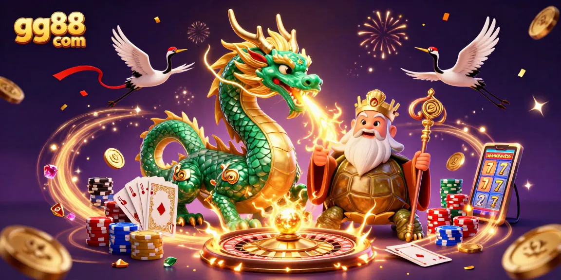 Experience the excitement of gaming at gg88 com, featuring a dynamic scene with dragons and casino elements.