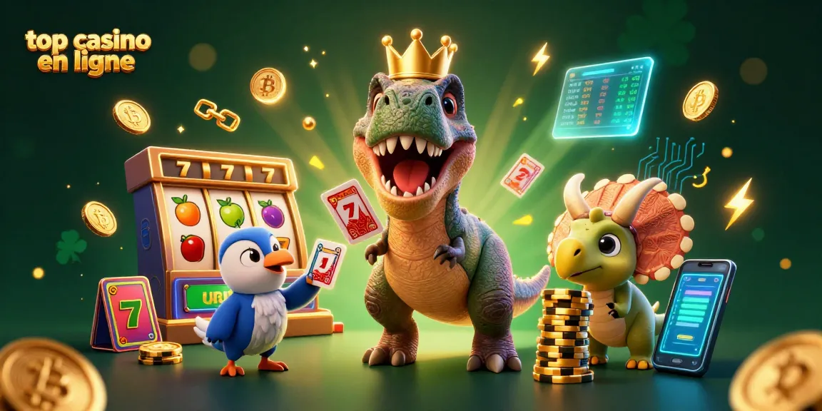 Découvrez le top casino en ligne avec des personnages cartoon animés au milieu de jetons dorés et de crypto-monnaies scintillantes.