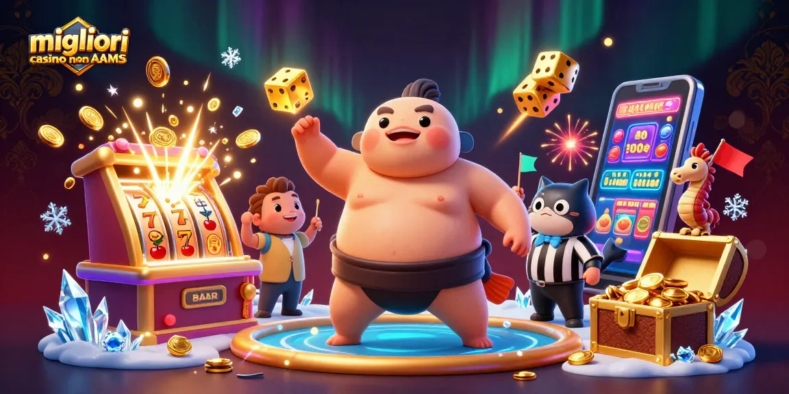 Migliori casino non AAMS che mostrano vivaci giochi da casinò con simboli fortunati e elementi festivi.