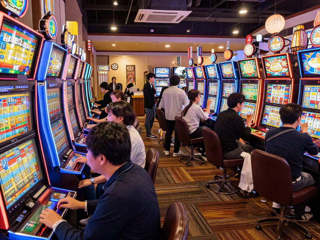 Dynamic scene of people playing slot jepang in a lively casino atmosphere.