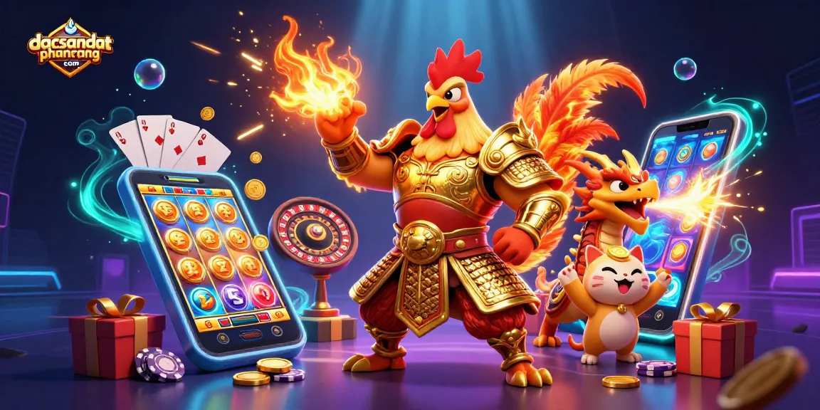 Engage with dacsandatphanrang com's thrilling gaming experience showcasing a dynamic rooster warrior and dragon hatchling.